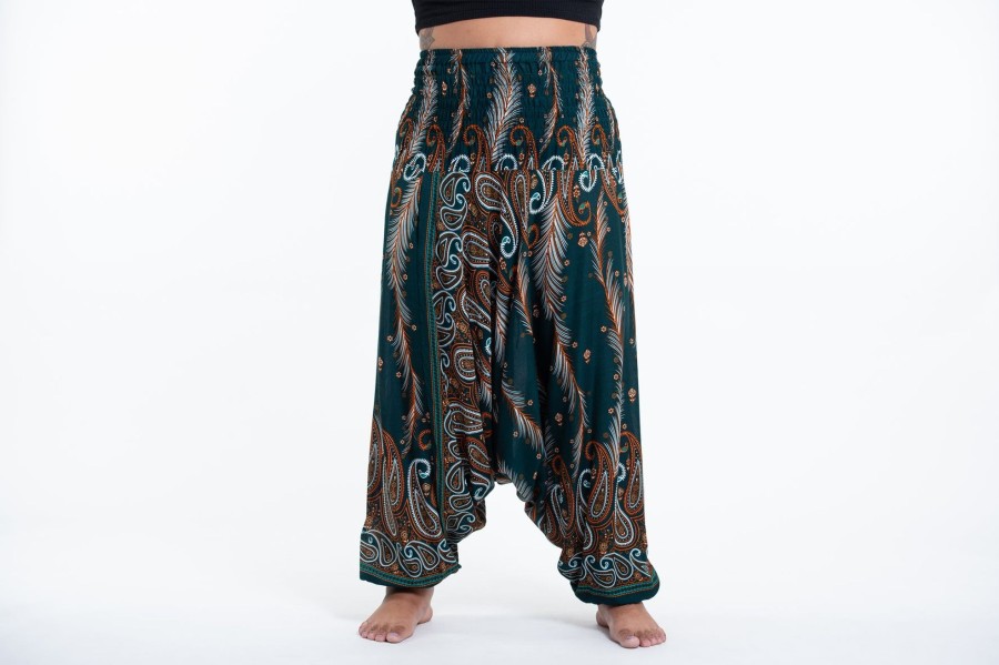 Women HaremPants | Plus Size Paisley Feathers 2-In-1 Jumpsuit Harem Pants In Green