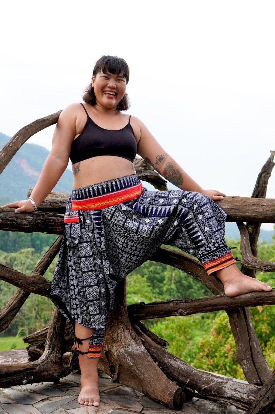 Plus Size HaremPants | Plus Size Traditional Prints Thai Hill Tribe Fabric Women'S Harem Pants With Ankle Straps In Navy