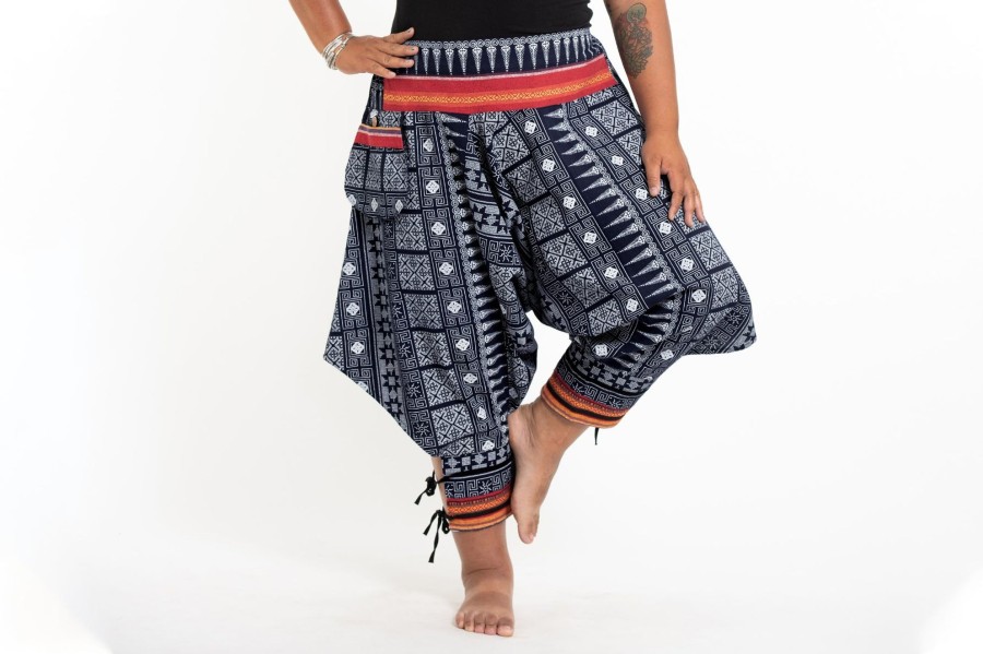 Plus Size HaremPants | Plus Size Traditional Prints Thai Hill Tribe Fabric Women'S Harem Pants With Ankle Straps In Navy