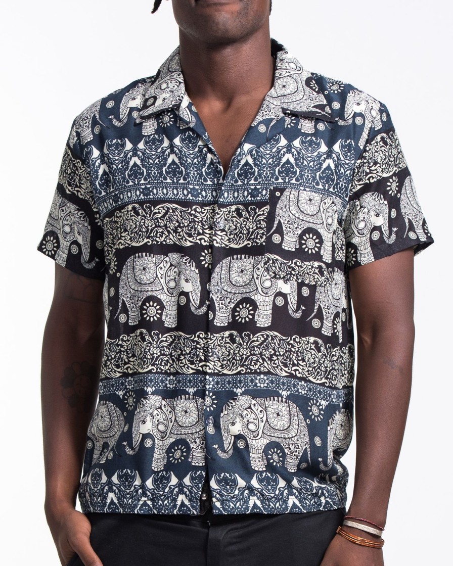 Men HaremPants | Divine Elephant Short Sleeve Button Shirt In Navy