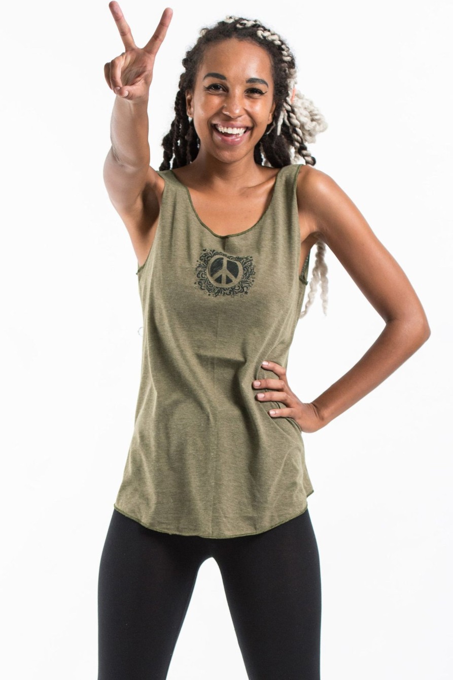 Women HaremPants | Loose Soft Vintage Style Women'S Tank Tops Peace Sign Olive