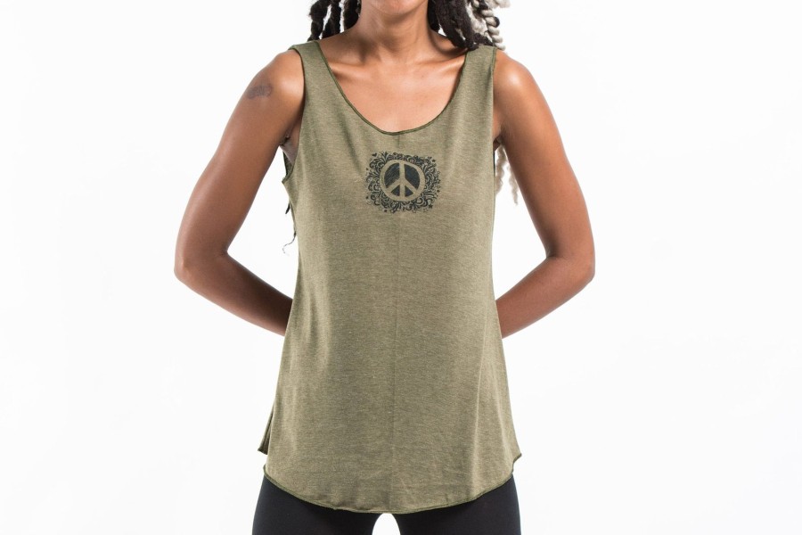 Women HaremPants | Loose Soft Vintage Style Women'S Tank Tops Peace Sign Olive