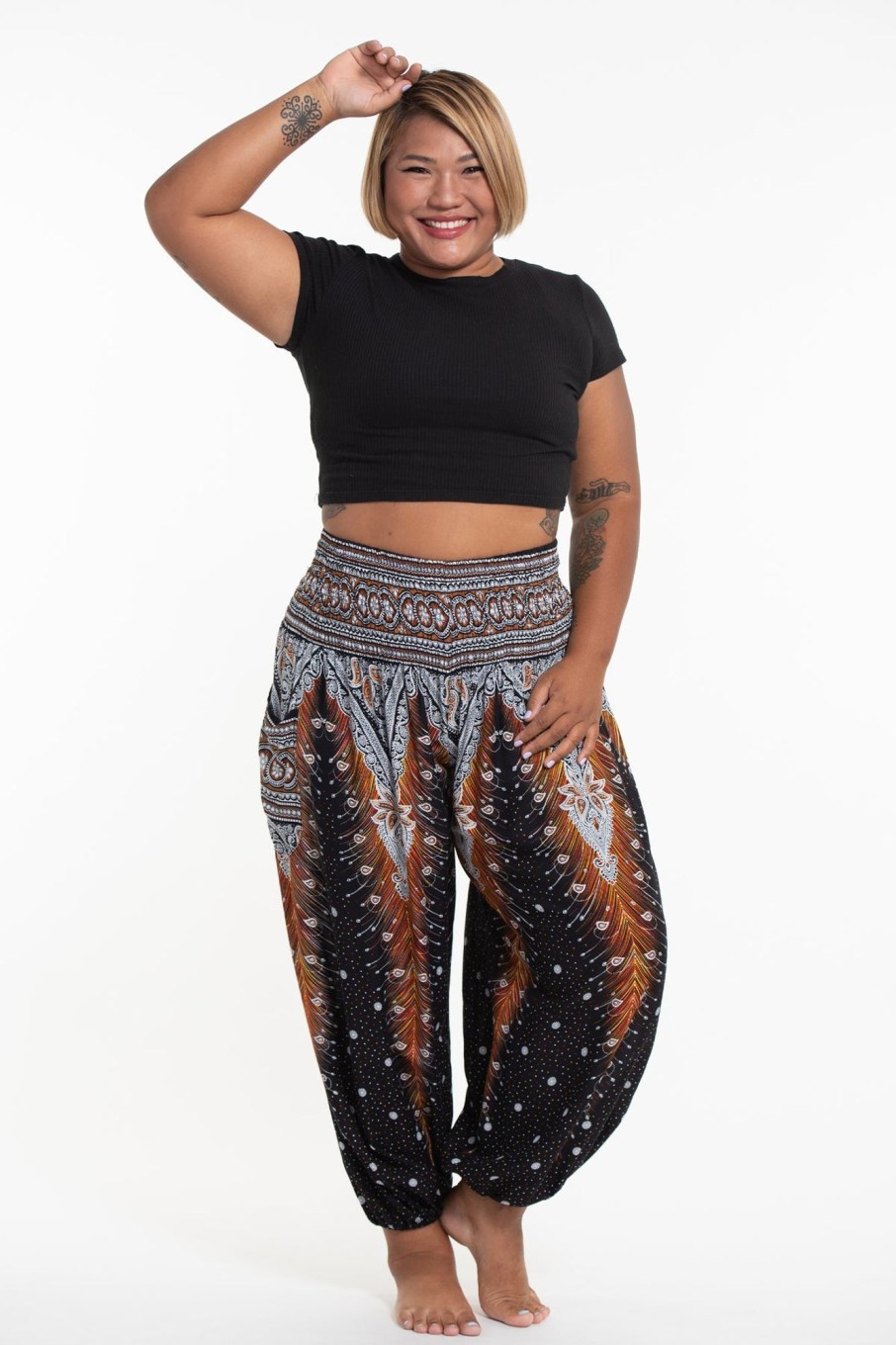 Women HaremPants | Plus Size Peacock Feathers Women'S Harem Pants In Black