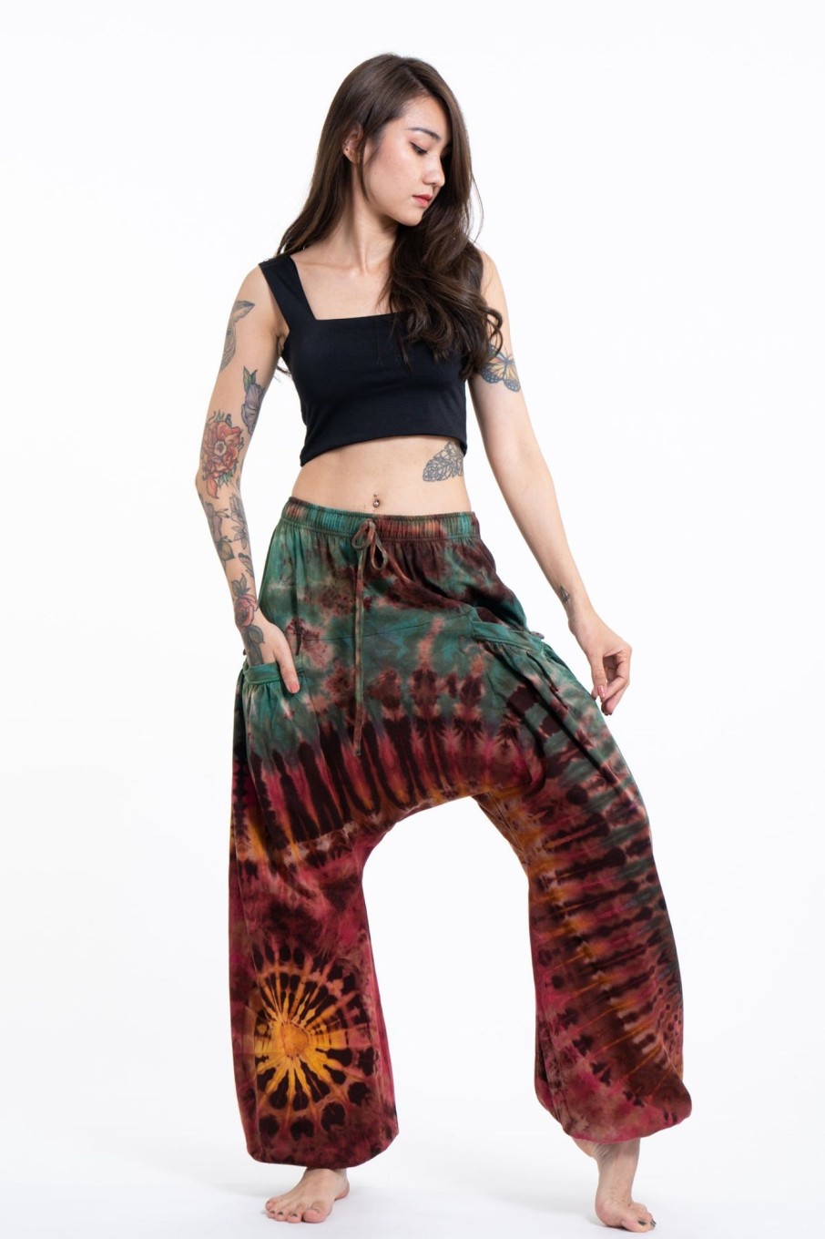 Women HaremPants | Tie Dye Cotton Women Harem Pants In Brick Green