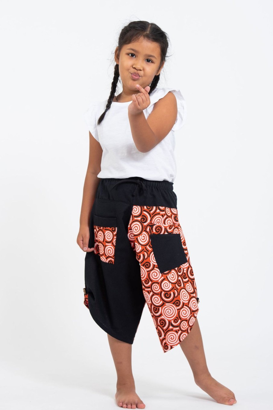 Kids HaremPants | Two Tone Spirals Prints Kids Three Quarter Pants In Black