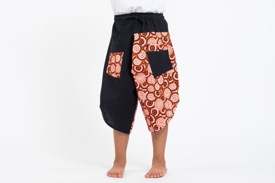 Kids HaremPants | Two Tone Spirals Prints Kids Three Quarter Pants In Black