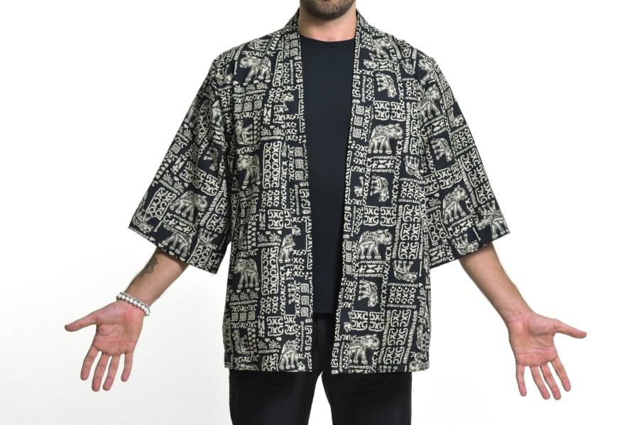 Women HaremPants | Elephant Print Cotton Kimono Cardigan In Black