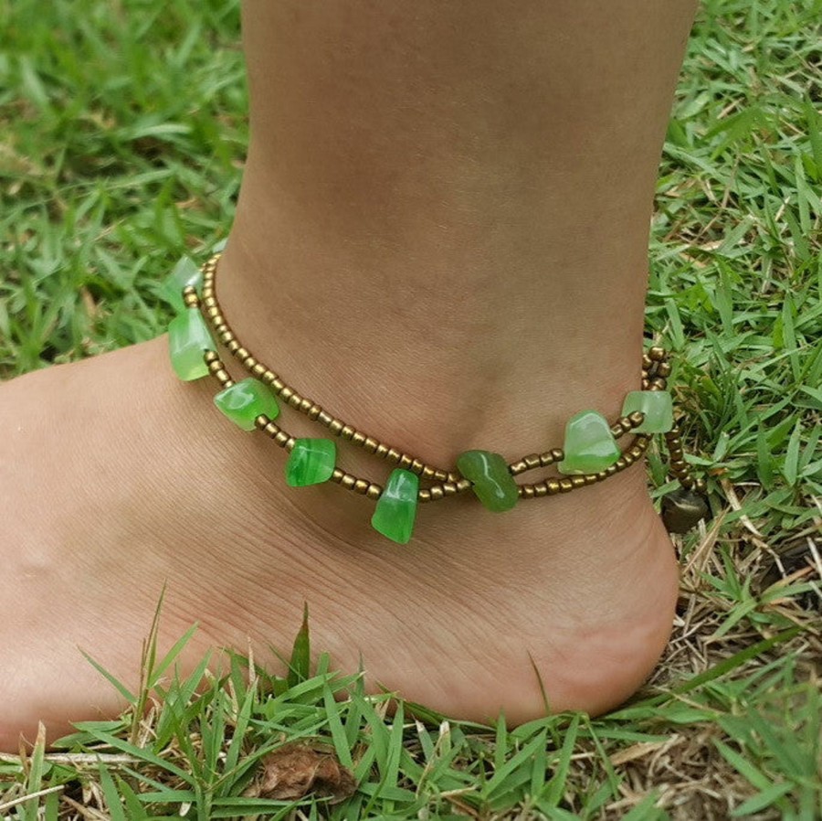 Accessories HaremPants | Hand Made Fair Trade Anklet Double Strand Brass Beads Malachite Green