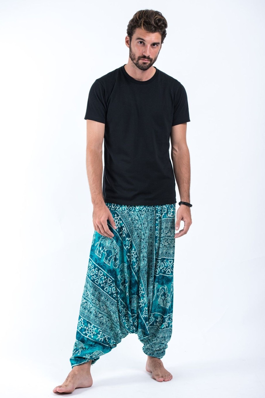 Men HaremPants | Marble Elephant Drop Crotch Men'S Elephant Pants In Turquoise