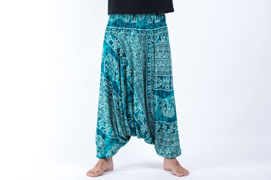 Men HaremPants | Marble Elephant Drop Crotch Men'S Elephant Pants In Turquoise