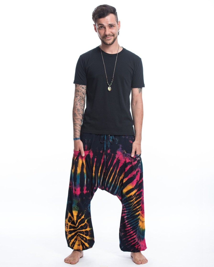 Men HaremPants | Tie Dye Cotton Men Harem Pants In Navy Rainbow