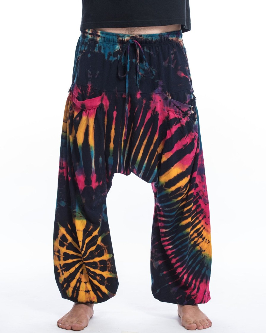 Men HaremPants | Tie Dye Cotton Men Harem Pants In Navy Rainbow