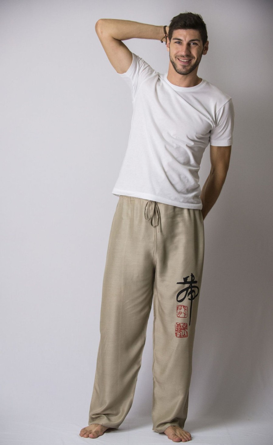 Men HaremPants | Chinese Writing Men'S Thai Yoga Pants In Khaki