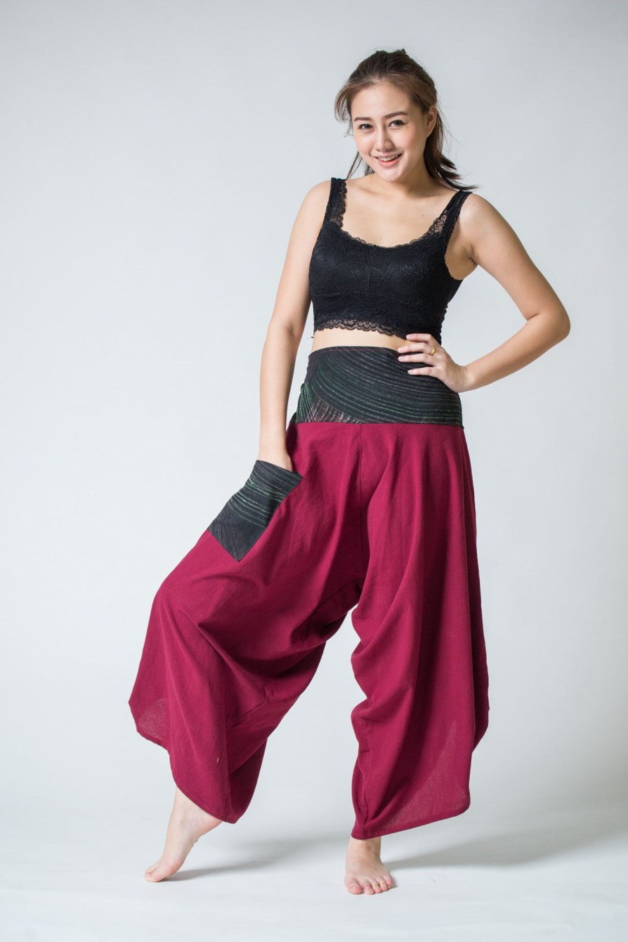 Women HaremPants | Women'S Thai Button Up Cotton Pants With Hill Tribe Trim Red