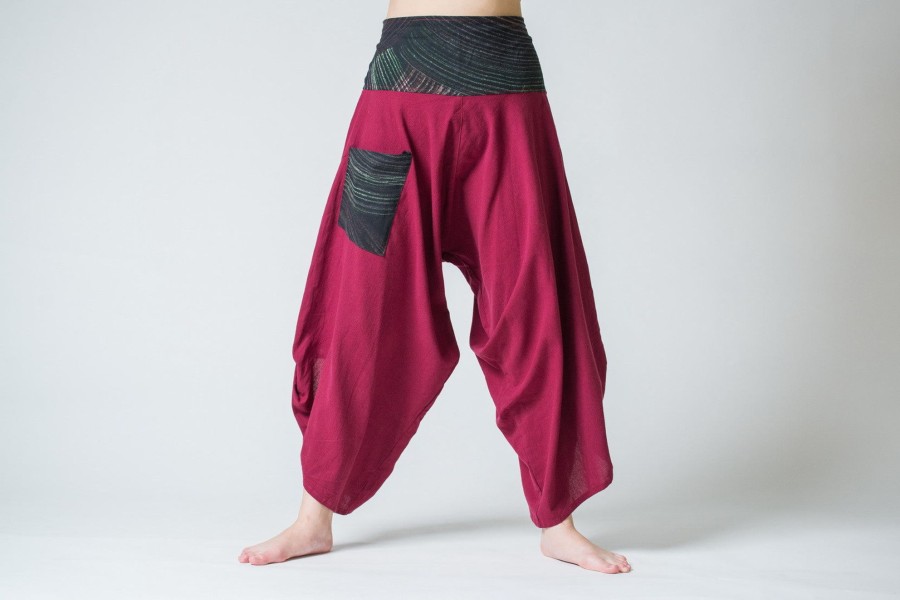 Women HaremPants | Women'S Thai Button Up Cotton Pants With Hill Tribe Trim Red