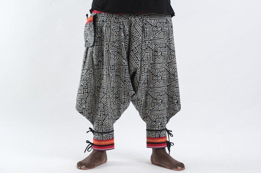 Plus Size HaremPants | Plus Size Woven Prints Thai Hill Tribe Fabric Men Harem Pants With Ankle Straps In Black