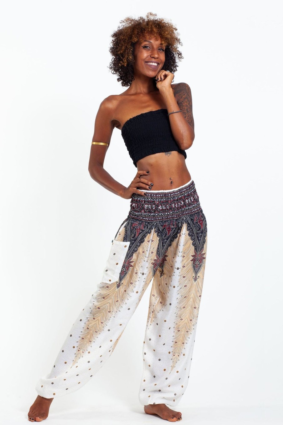 Women HaremPants | Peacock Feathers Women'S Harem Pants In White