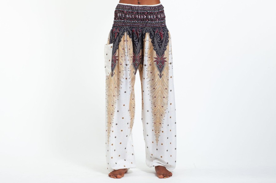 Women HaremPants | Peacock Feathers Women'S Harem Pants In White