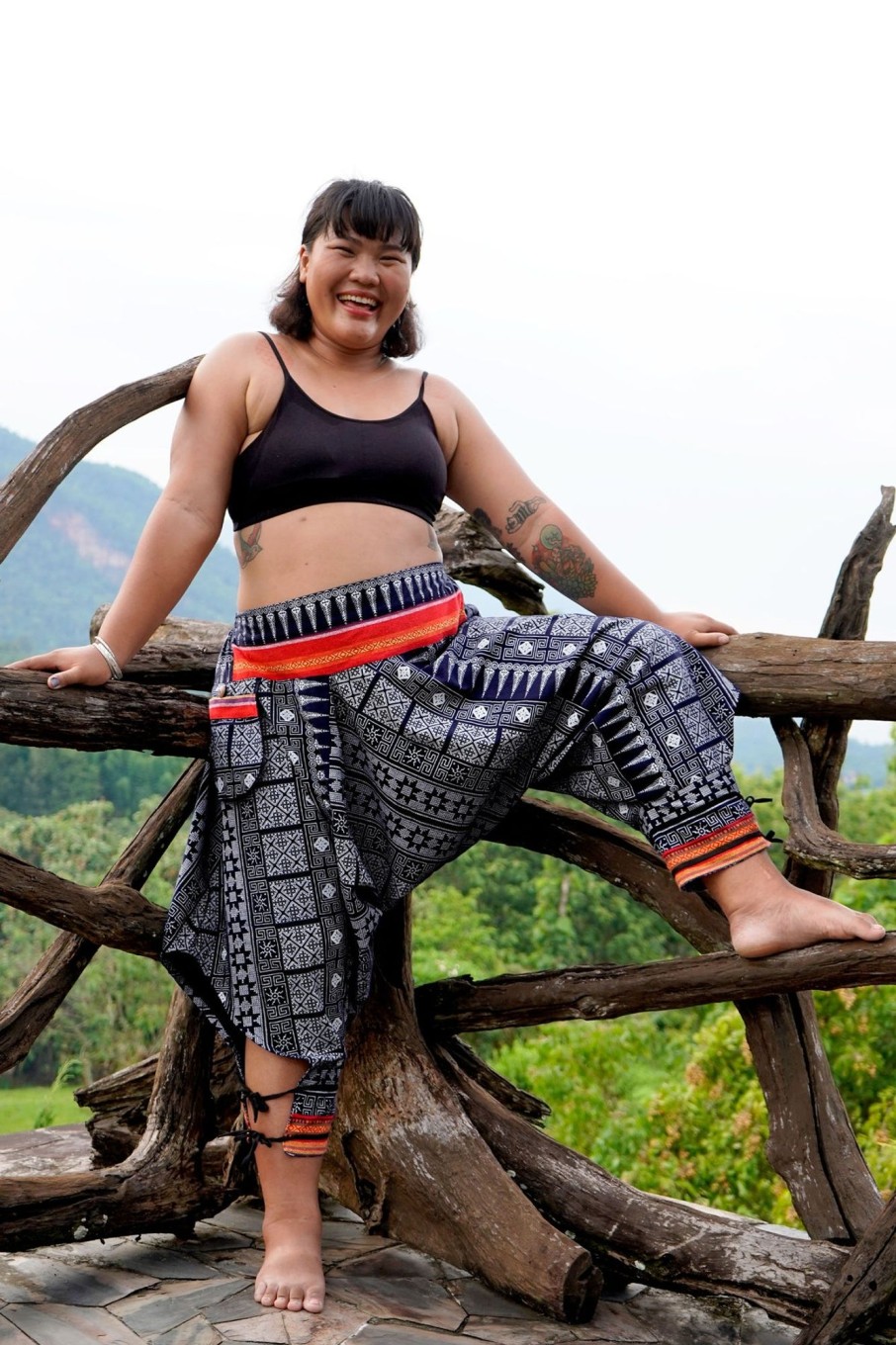 Women HaremPants | Plus Size Traditional Prints Thai Hill Tribe Fabric Women'S Harem Pants With Ankle Straps In Navy