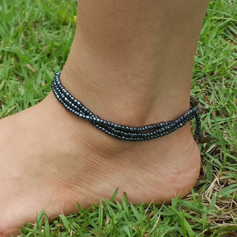 Accessories HaremPants | Hand Made Fair Trade Anklet Three Strand Beads Black