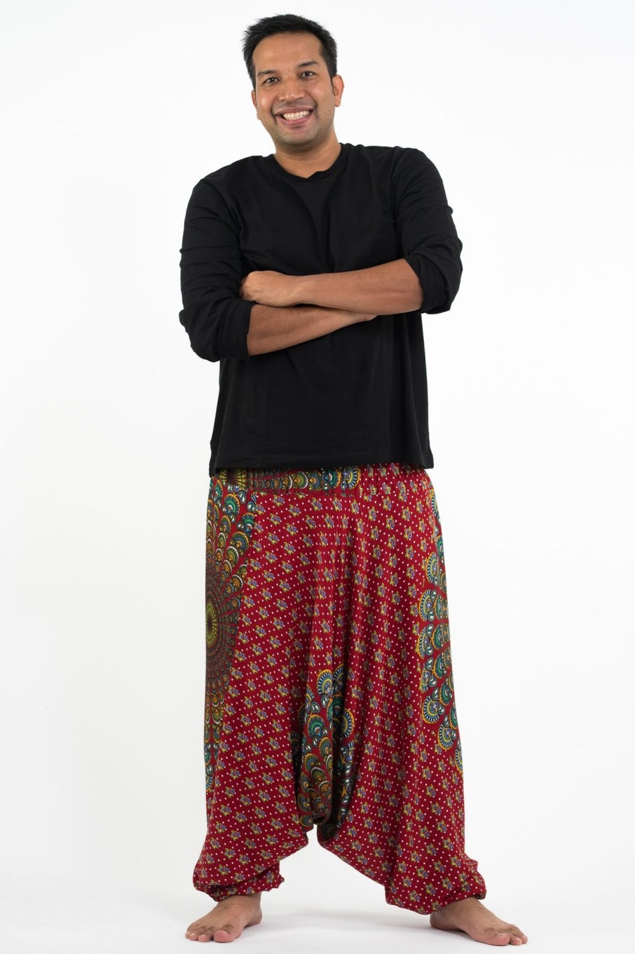 Plus Size HaremPants | Plus Size Peacock Mandalas Drop Crotch Men'S Harem Pants In Red