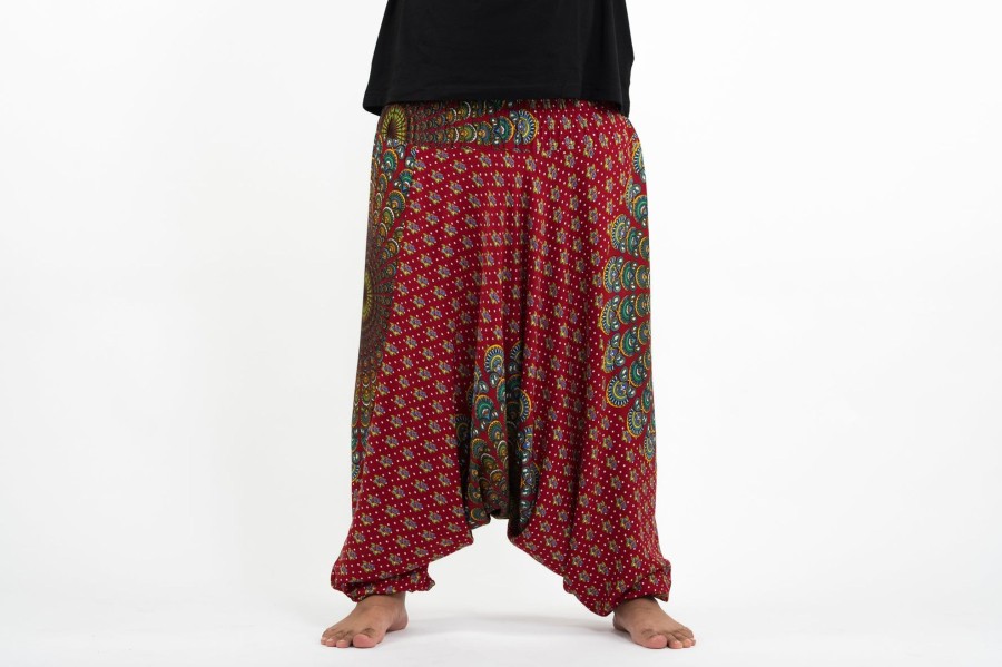 Plus Size HaremPants | Plus Size Peacock Mandalas Drop Crotch Men'S Harem Pants In Red