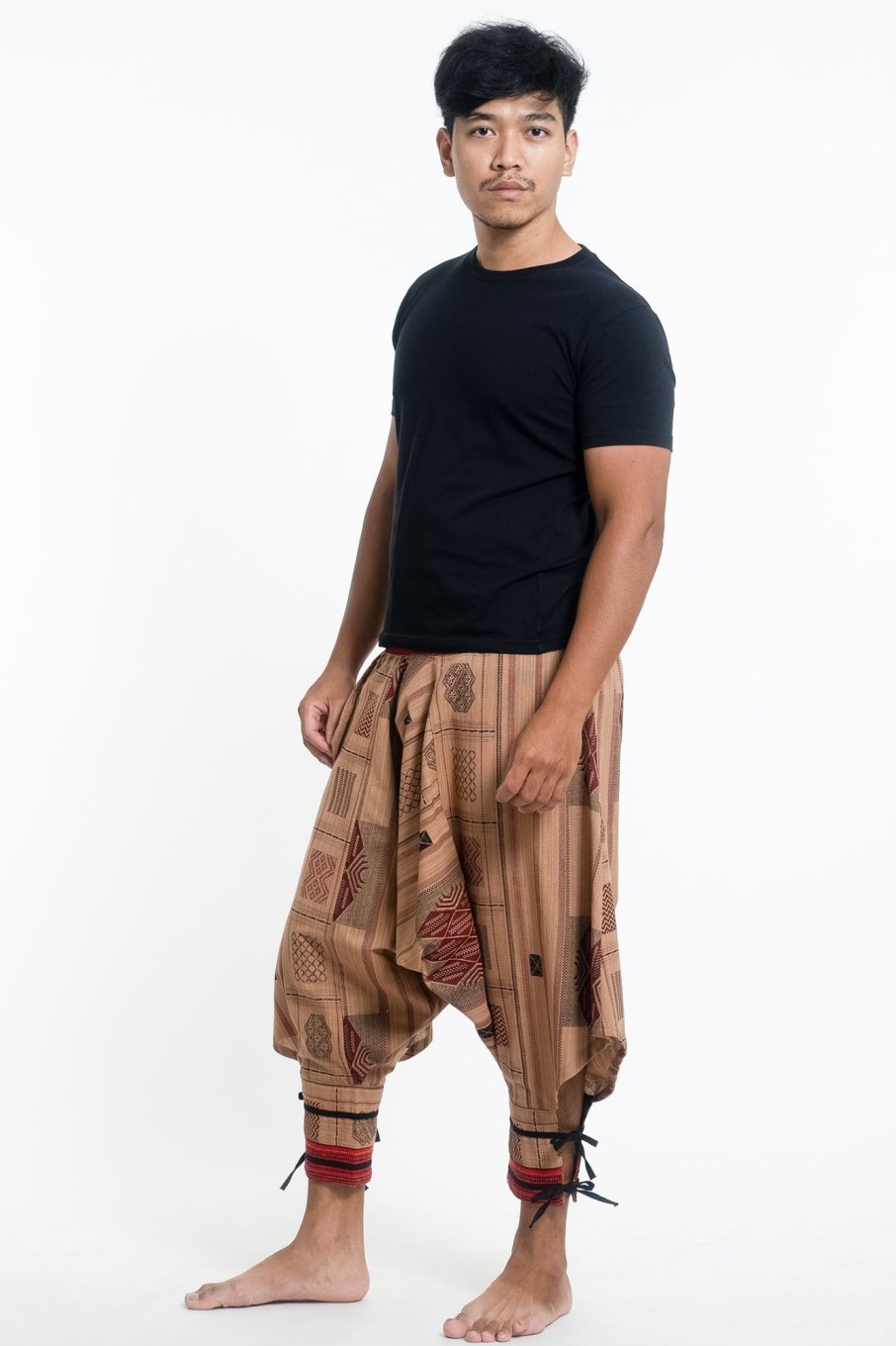 Men HaremPants | Thai Hill Tribe Fabric Men'S Harem Pants With Ankle Straps In Beige