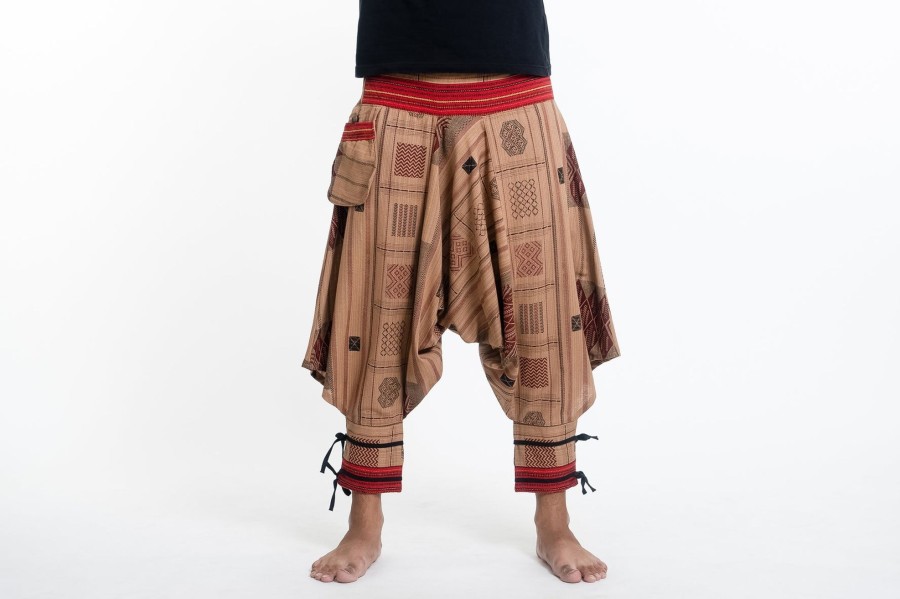 Men HaremPants | Thai Hill Tribe Fabric Men'S Harem Pants With Ankle Straps In Beige