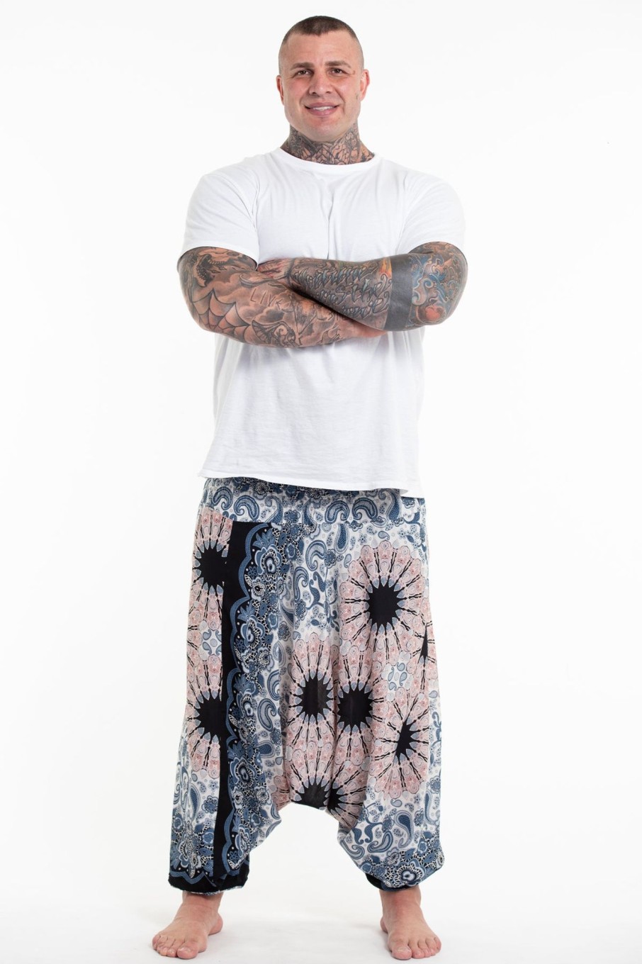 Men HaremPants | Plus Size Paisley Mandalas Drop Crotch Men'S Harem Pants In Silver Gray