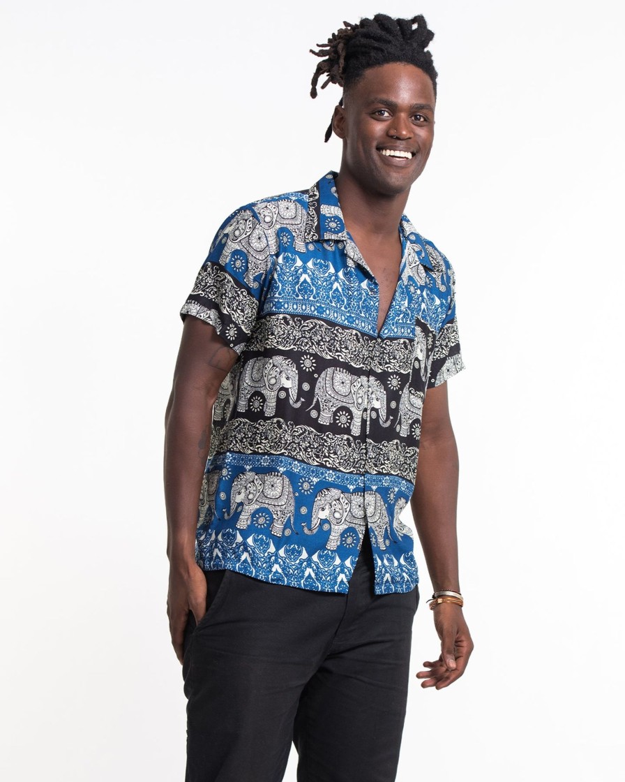 Men HaremPants | Divine Elephant Short Sleeve Button Shirt In Blue