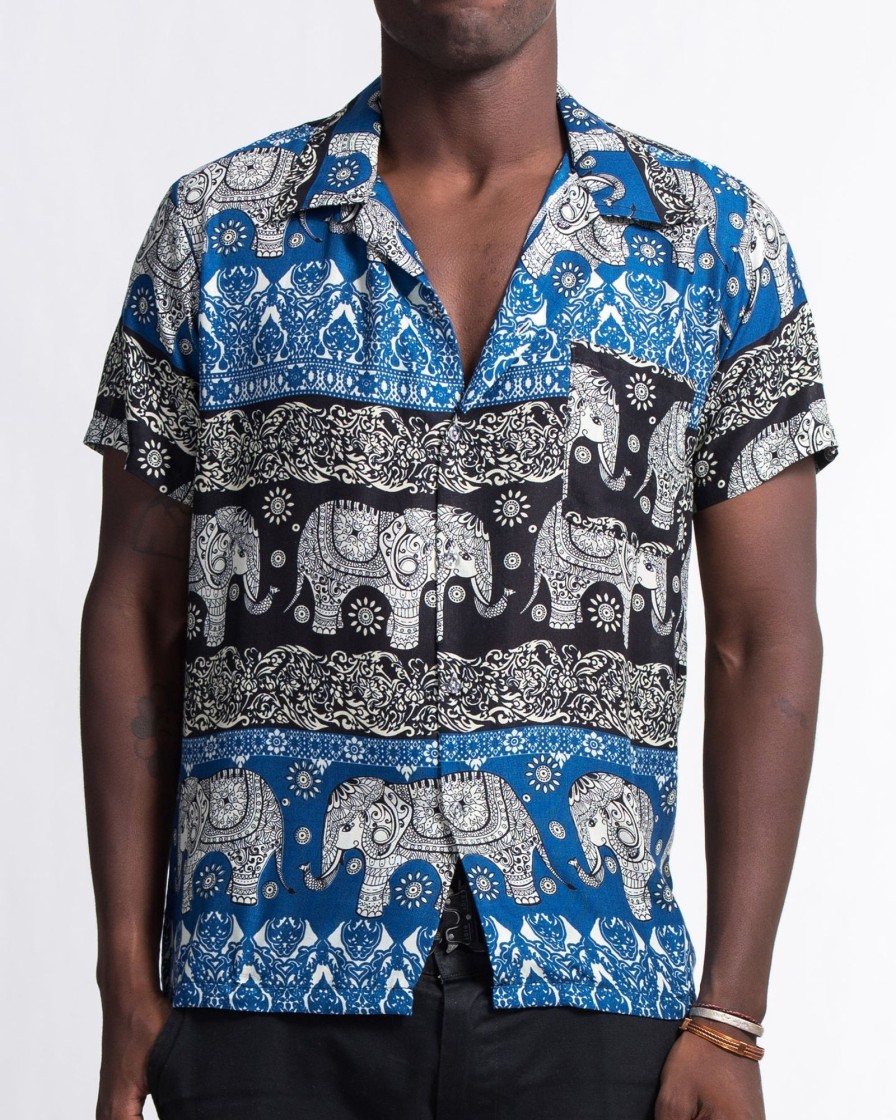 Men HaremPants | Divine Elephant Short Sleeve Button Shirt In Blue