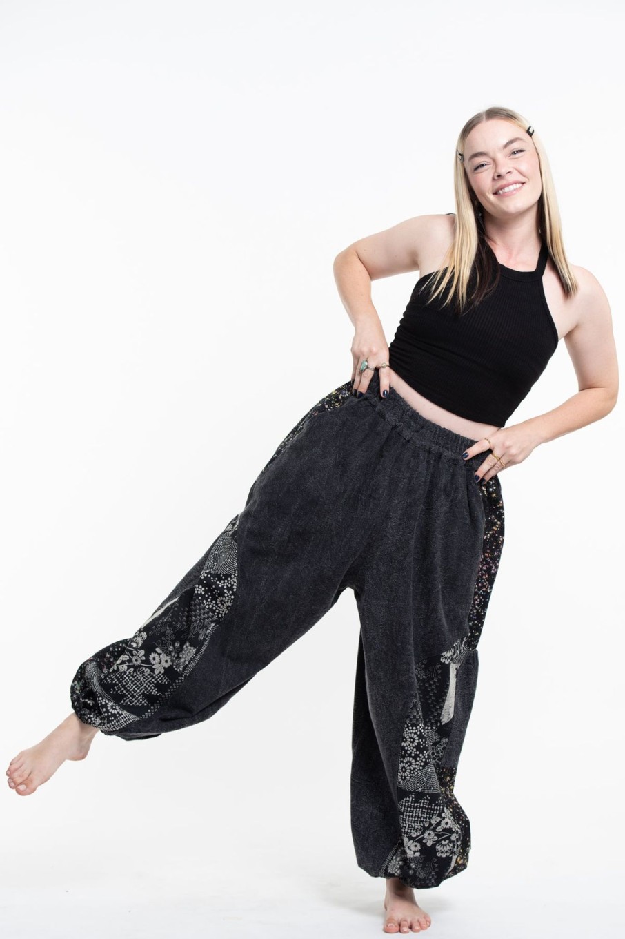 Plus Size HaremPants | Stone Washed Patchwork Women Unisex Pants In Black