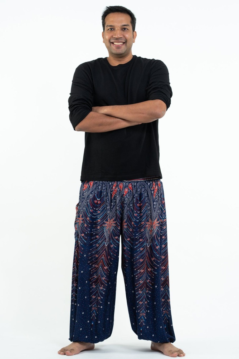 Plus Size HaremPants | Plus Size Peacock Feathers Men'S Harem Pants In Blue