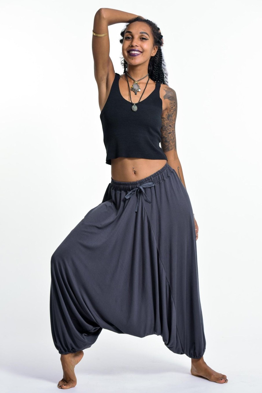 Women HaremPants | Drawstring Low Cut Harem Pants Cotton Spandex In Solid Gray