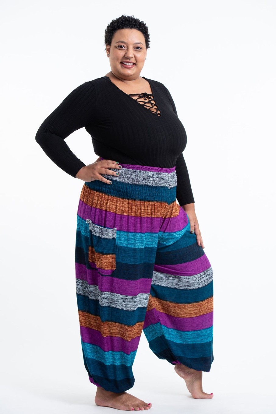 Plus Size HaremPants | Plus Size Boho Striped Women'S Harem Pants In Blue