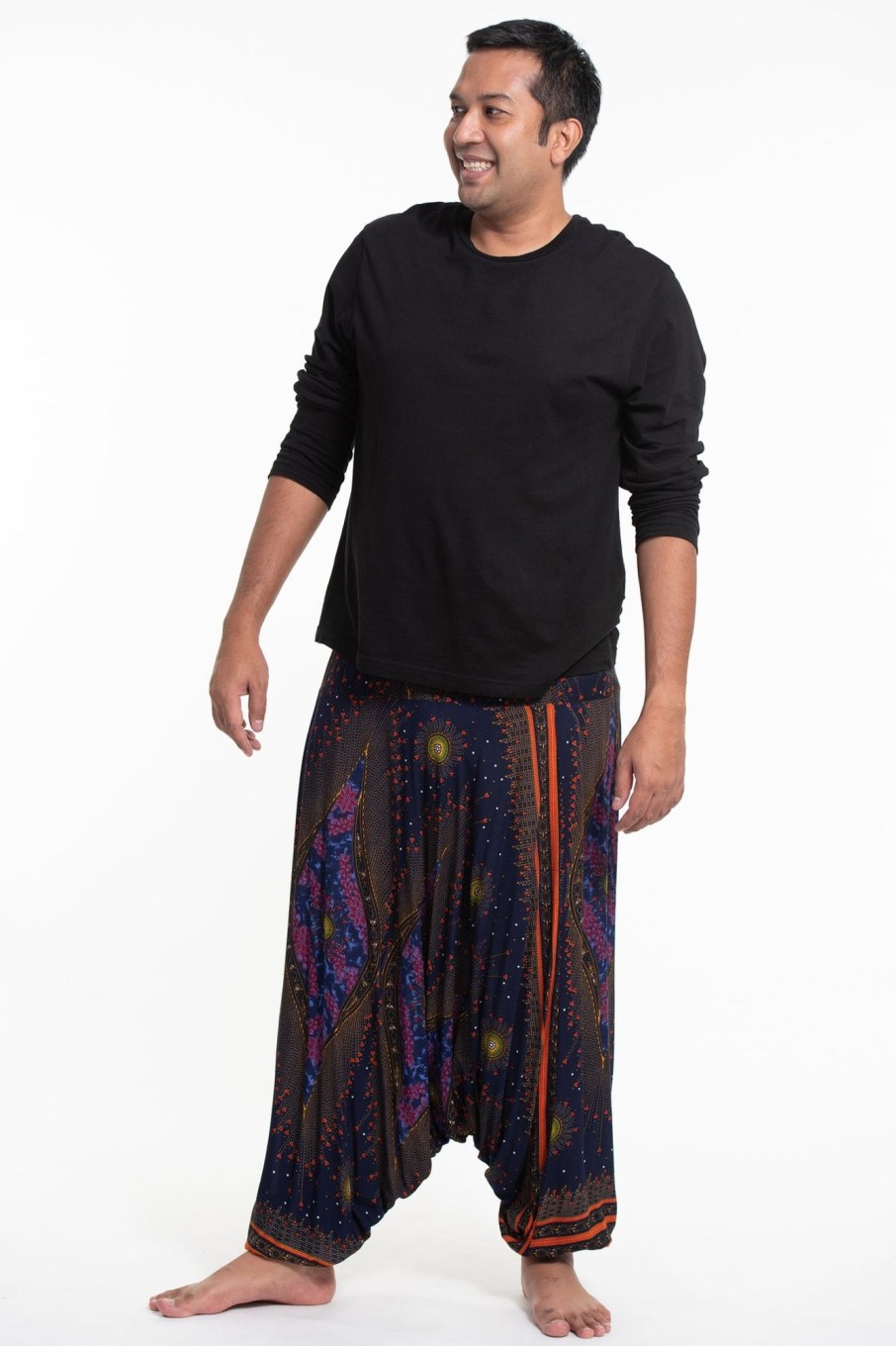 Plus Size HaremPants | Plus Size Peacock Eyes Drop Crotch Men'S Harem Pants In Navy