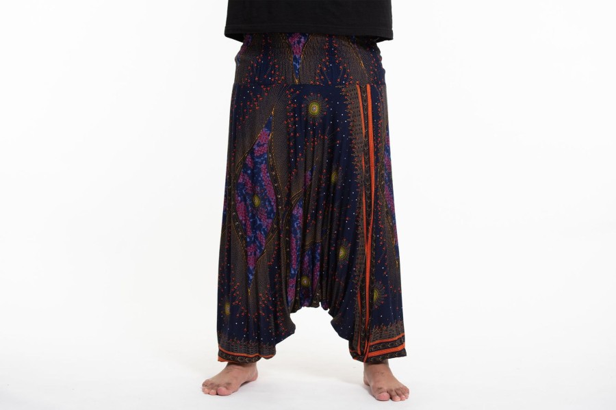 Plus Size HaremPants | Plus Size Peacock Eyes Drop Crotch Men'S Harem Pants In Navy