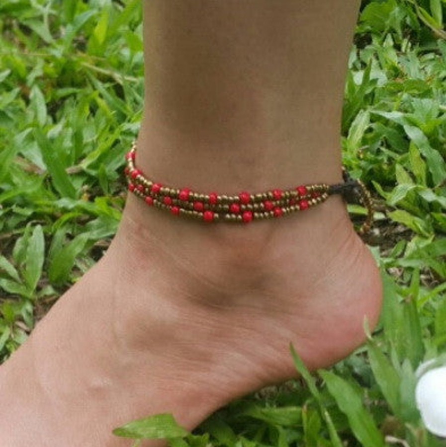 Accessories HaremPants | Hand Made Fair Trade Anklet Three Strand Brass Beads Red