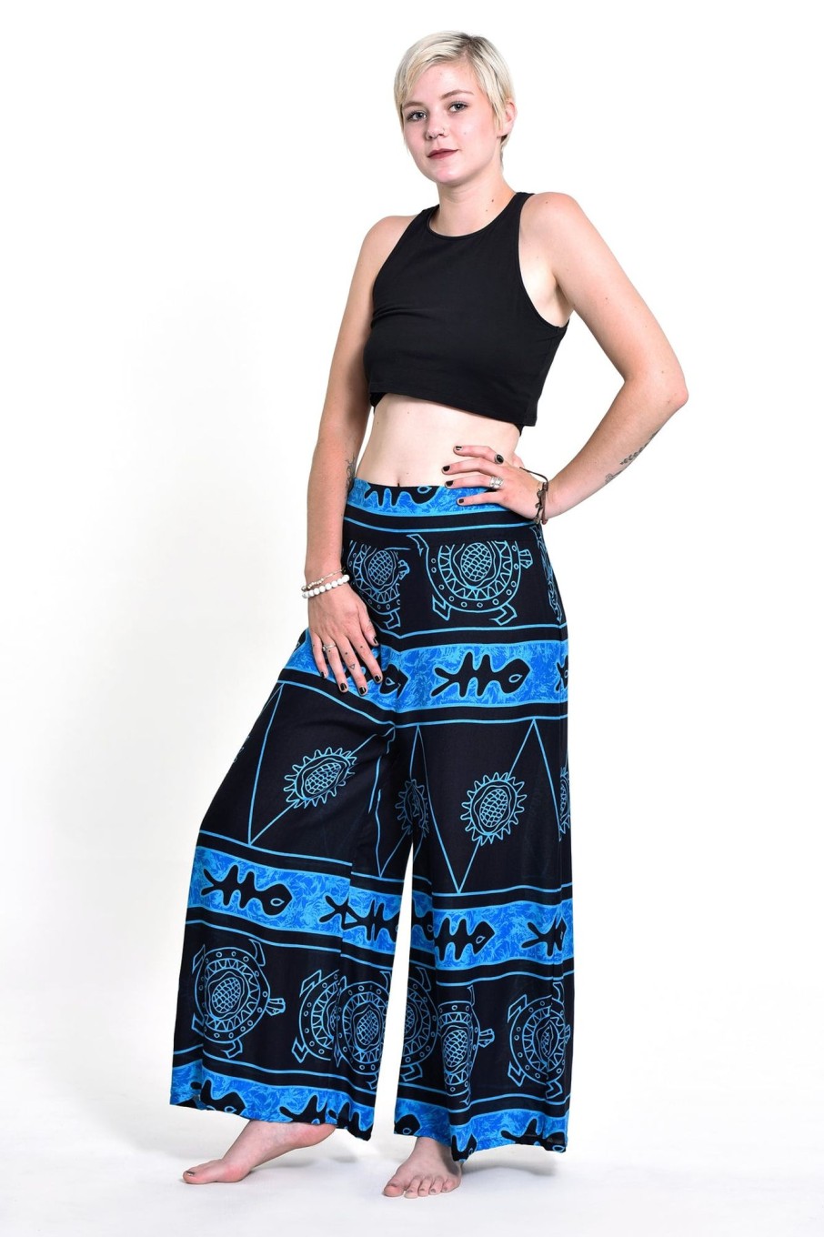 Women HaremPants | Turtle Print Palazzo Style Harem Pants In Blue