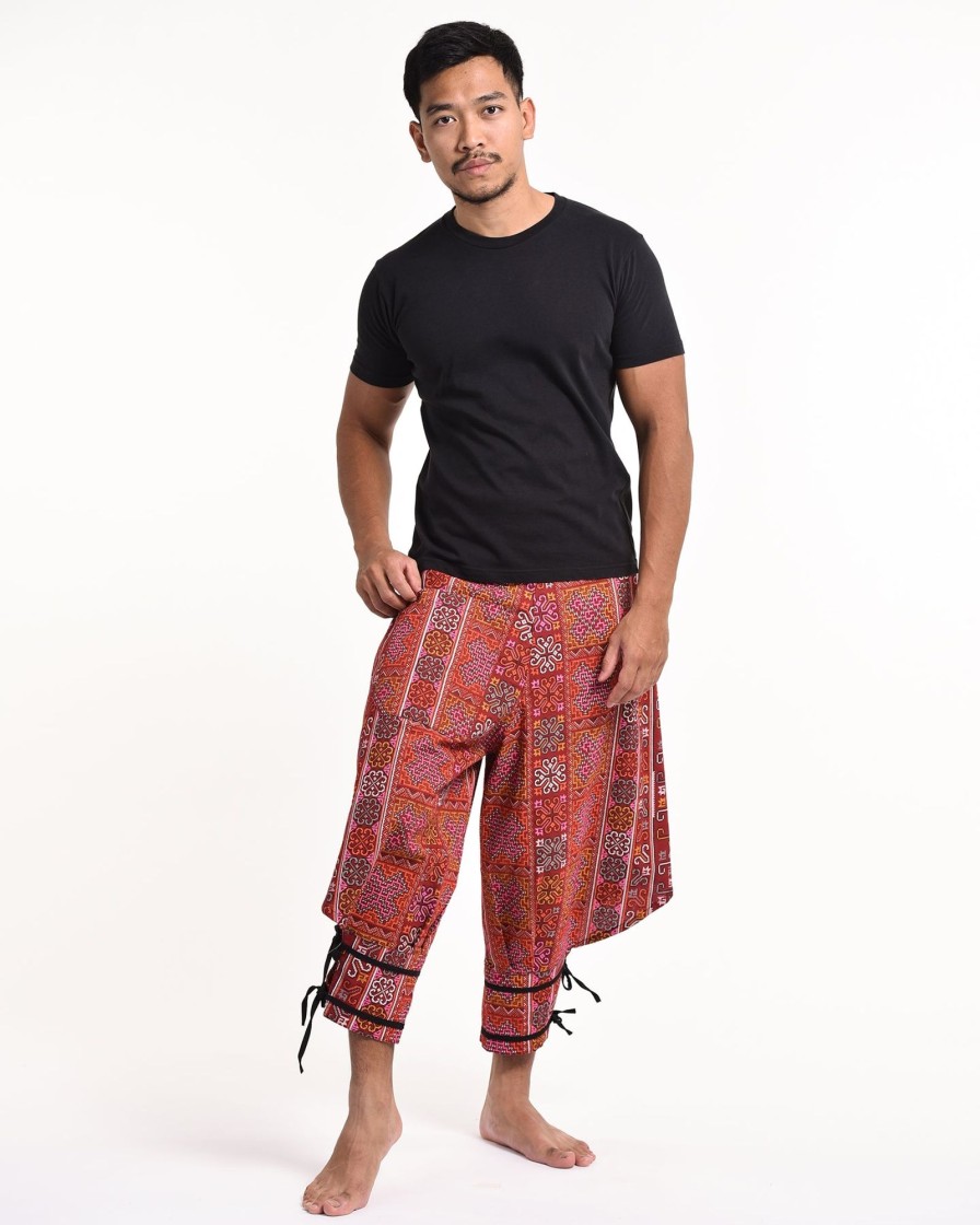 Men HaremPants | Clovers Thai Hill Tribe Fabric Men'S Harem Pants With Ankle Straps In Red