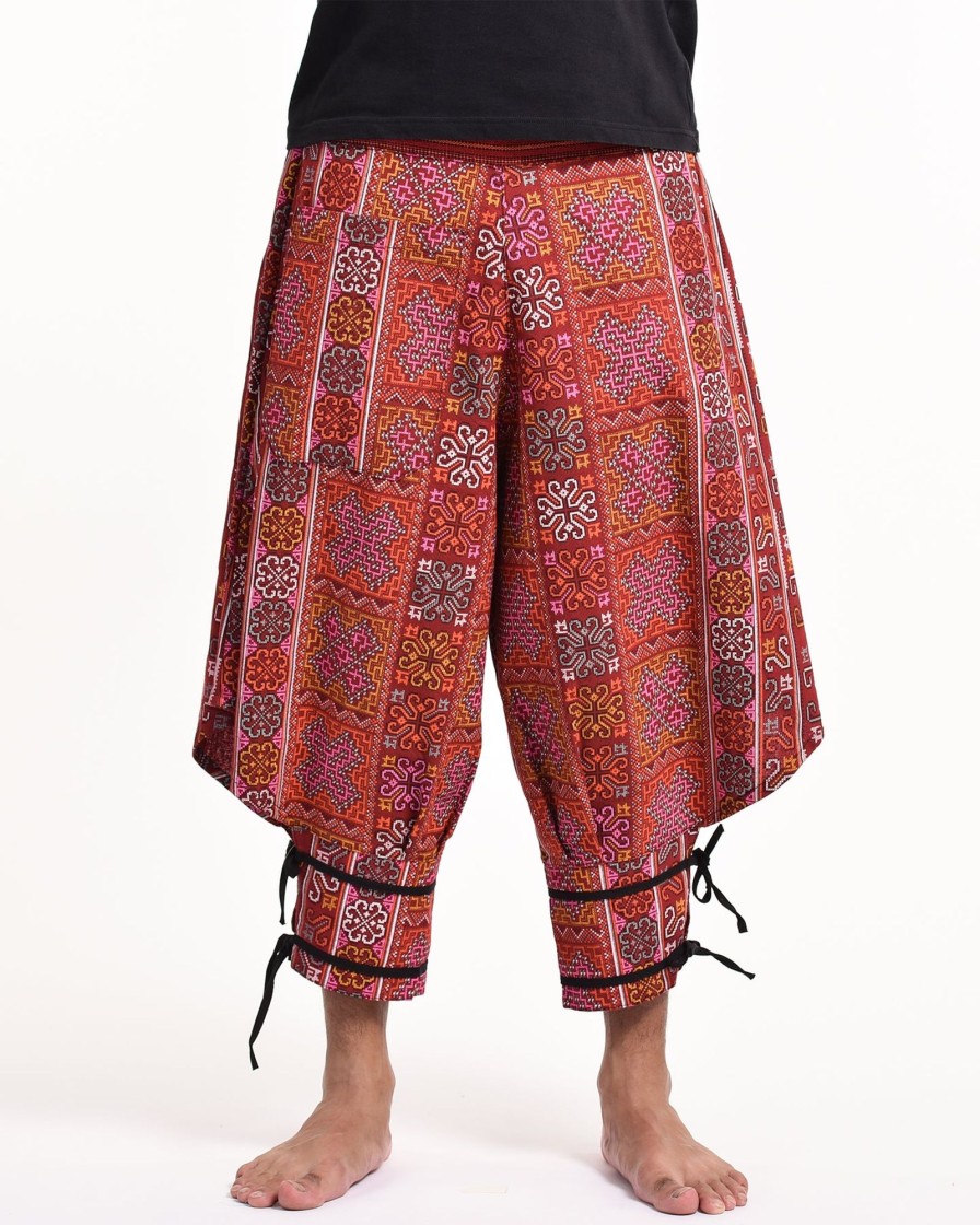 Men HaremPants | Clovers Thai Hill Tribe Fabric Men'S Harem Pants With Ankle Straps In Red