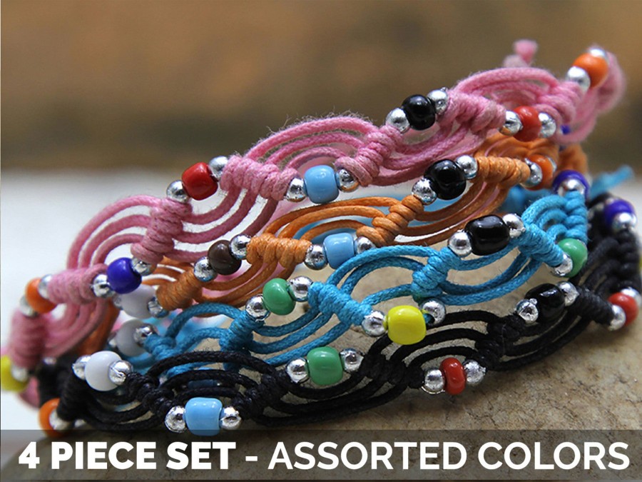 Accessories HaremPants | Waxed Cotton Woven Bracelet With Beads 4 Pcs. Pack Multi