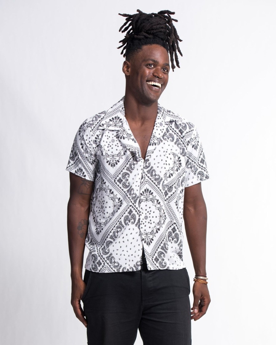 Men HaremPants | Patchwork Paisley Short Sleeve Button Shirt In White