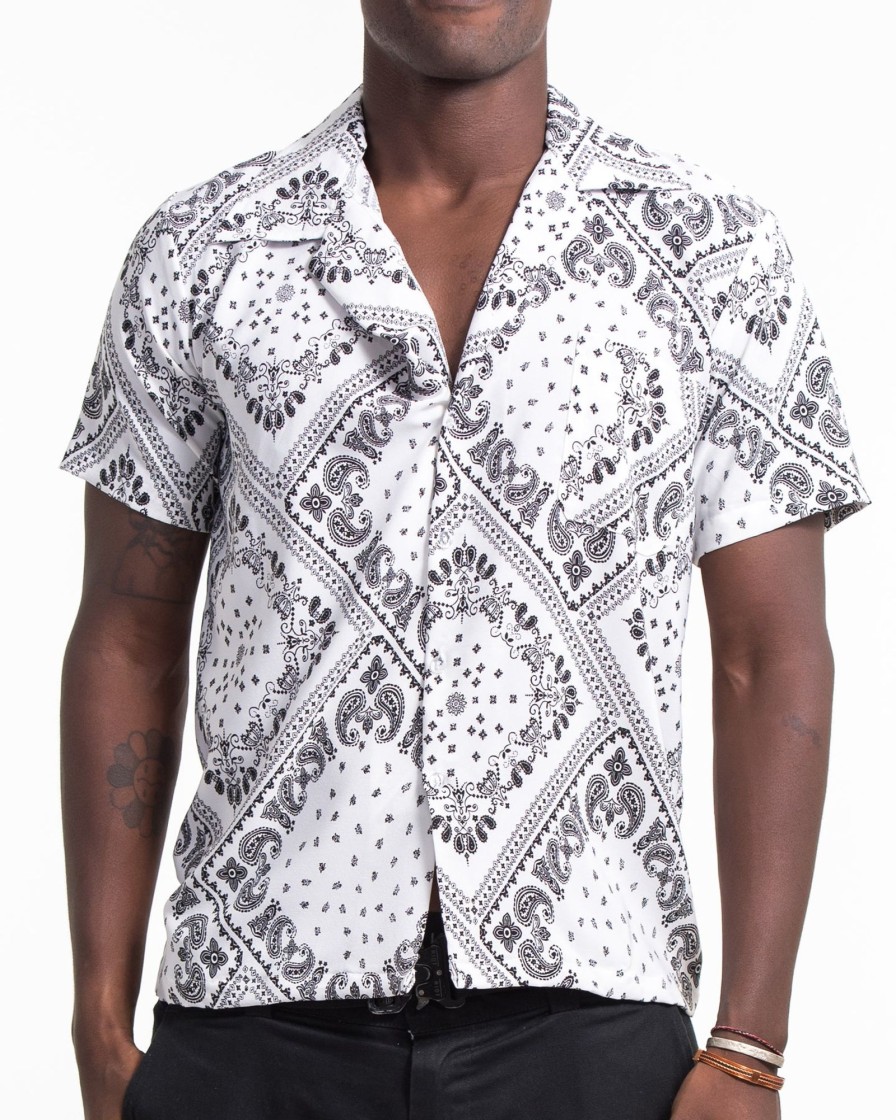 Men HaremPants | Patchwork Paisley Short Sleeve Button Shirt In White