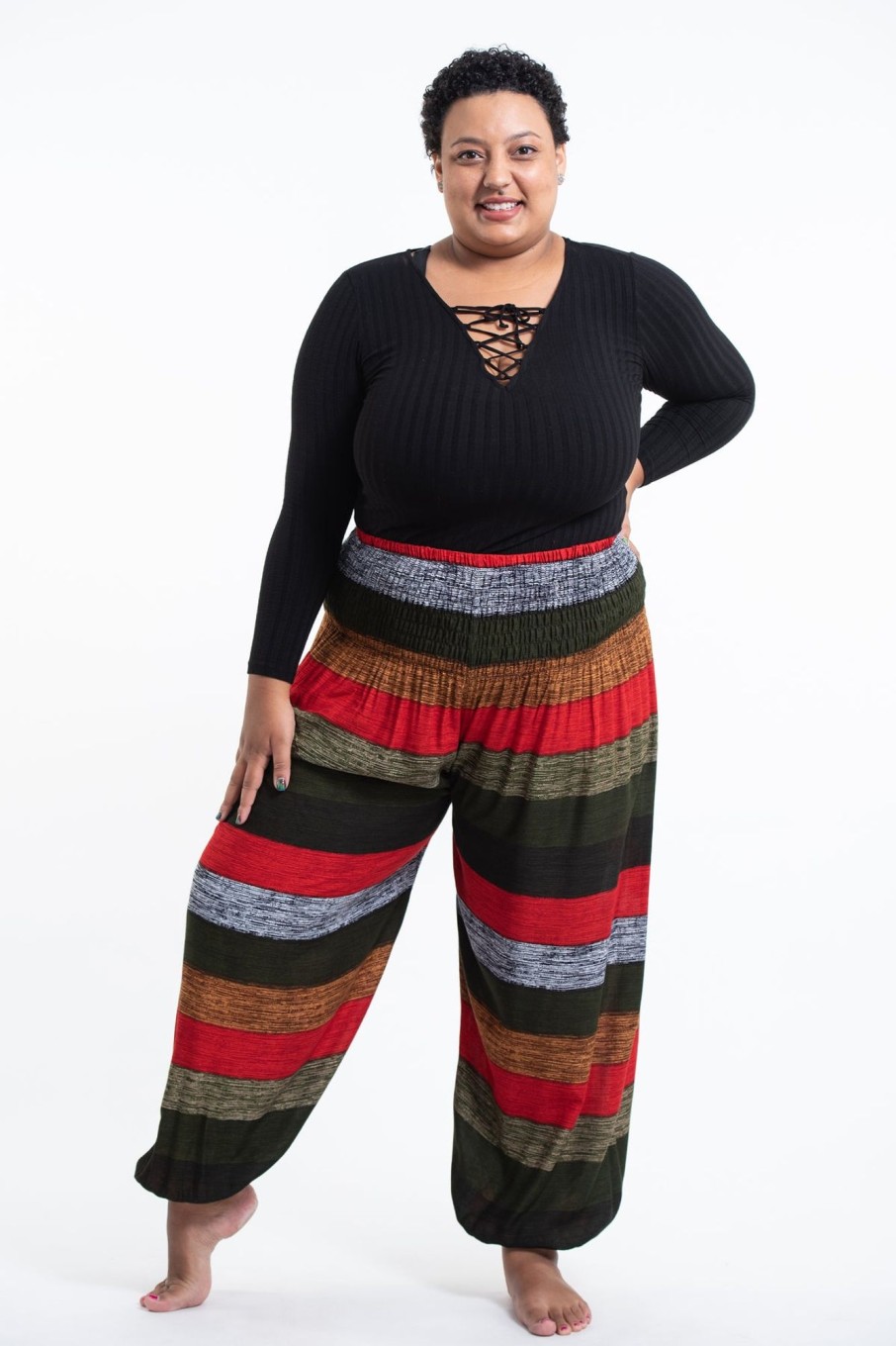 Plus Size HaremPants | Plus Size Boho Striped Women'S Harem Pants In Green