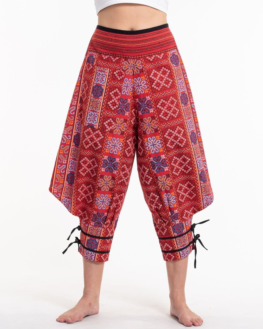 Women HaremPants | Clovers Thai Hill Tribe Fabric Women'S Harem Pants With Ankle Straps In Bright Red