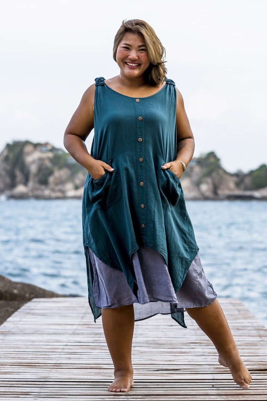 Women HaremPants | Plus Size Women'S Crinkled Hill Tribe Cotton Tank Dress In Teal