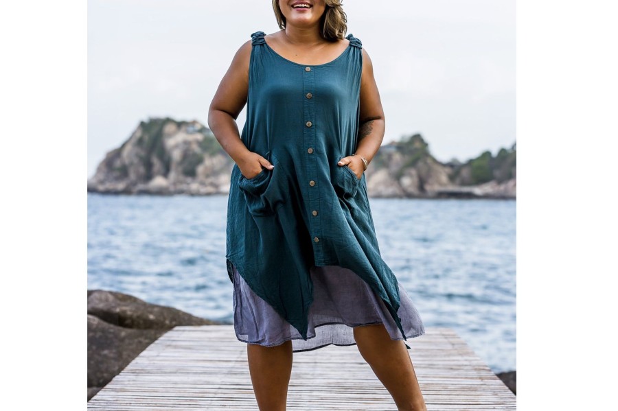 Women HaremPants | Plus Size Women'S Crinkled Hill Tribe Cotton Tank Dress In Teal