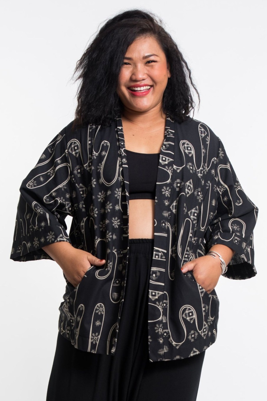 Women HaremPants | Japanese Print Cotton Kimono Cardigan In Black