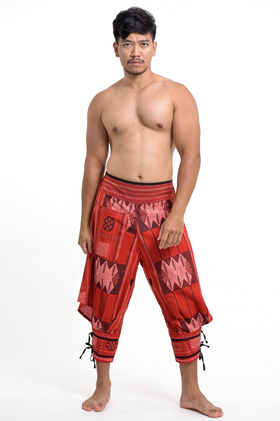 Men HaremPants | Thai Hill Tribe Fabric Men'S Harem Pants With Ankle Straps In Red